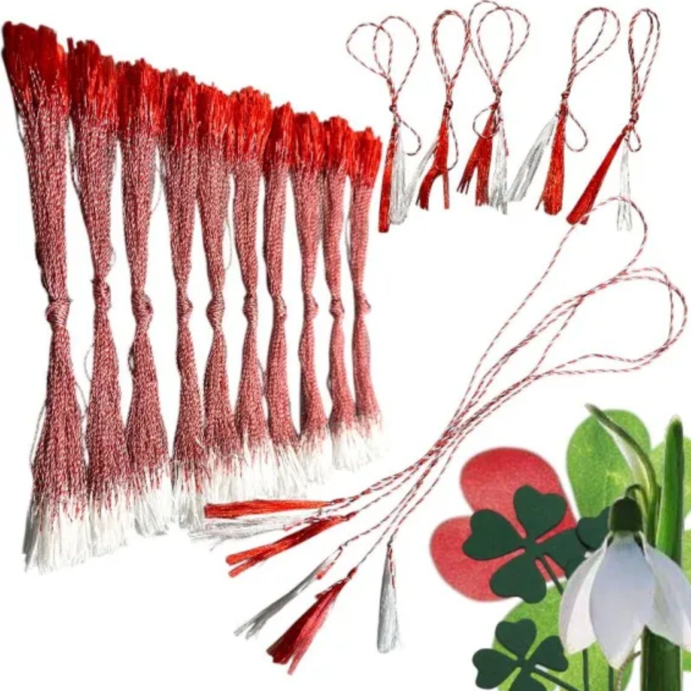 Șnur pentru mărțișoare cu ciucure alb-roșu – 27 cm (34 cm cu ciucuri)