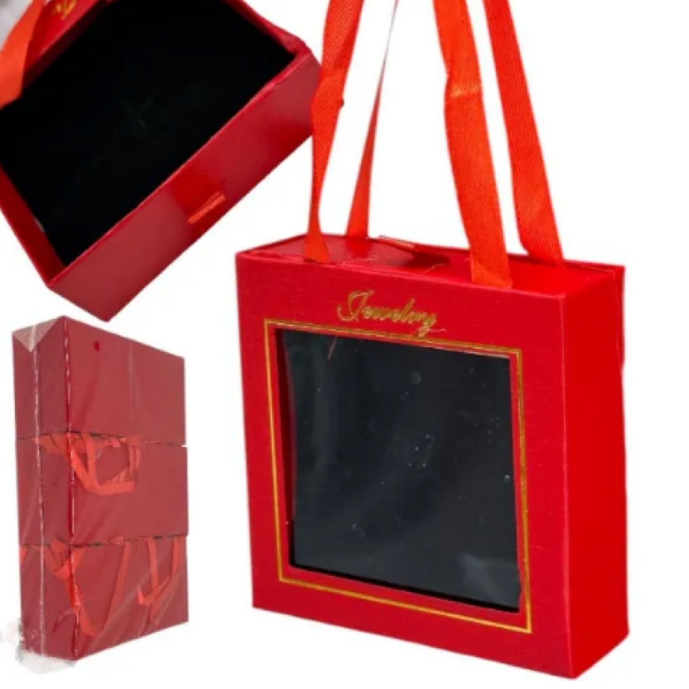 Cutie roșie tip geantă cu deschidere tip sertar și capac transparent 9/9/2.7 cm