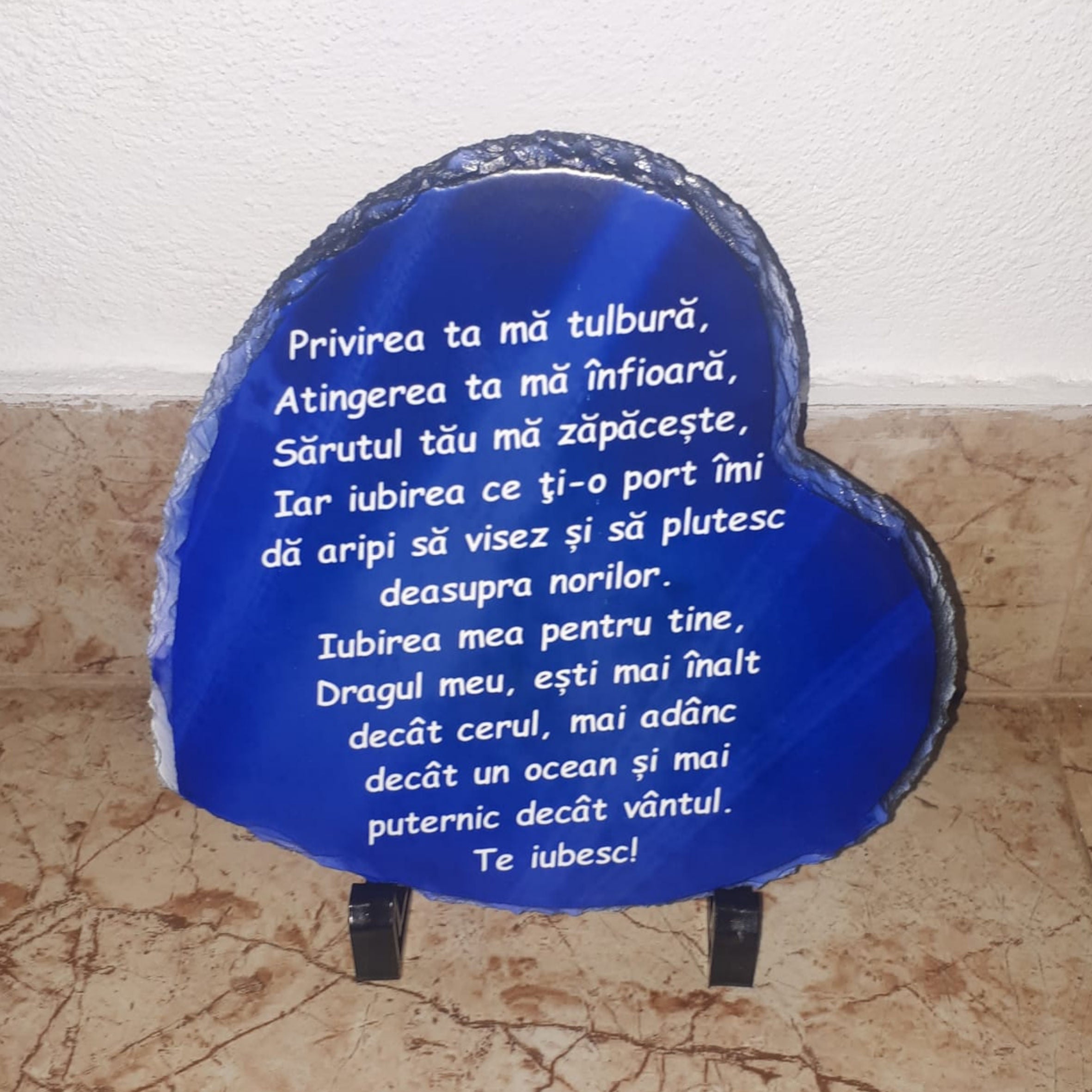 Piatra ardezie cu mesaj de dragoste – Cadou romantic pentru iubit/soț, inimă albastră