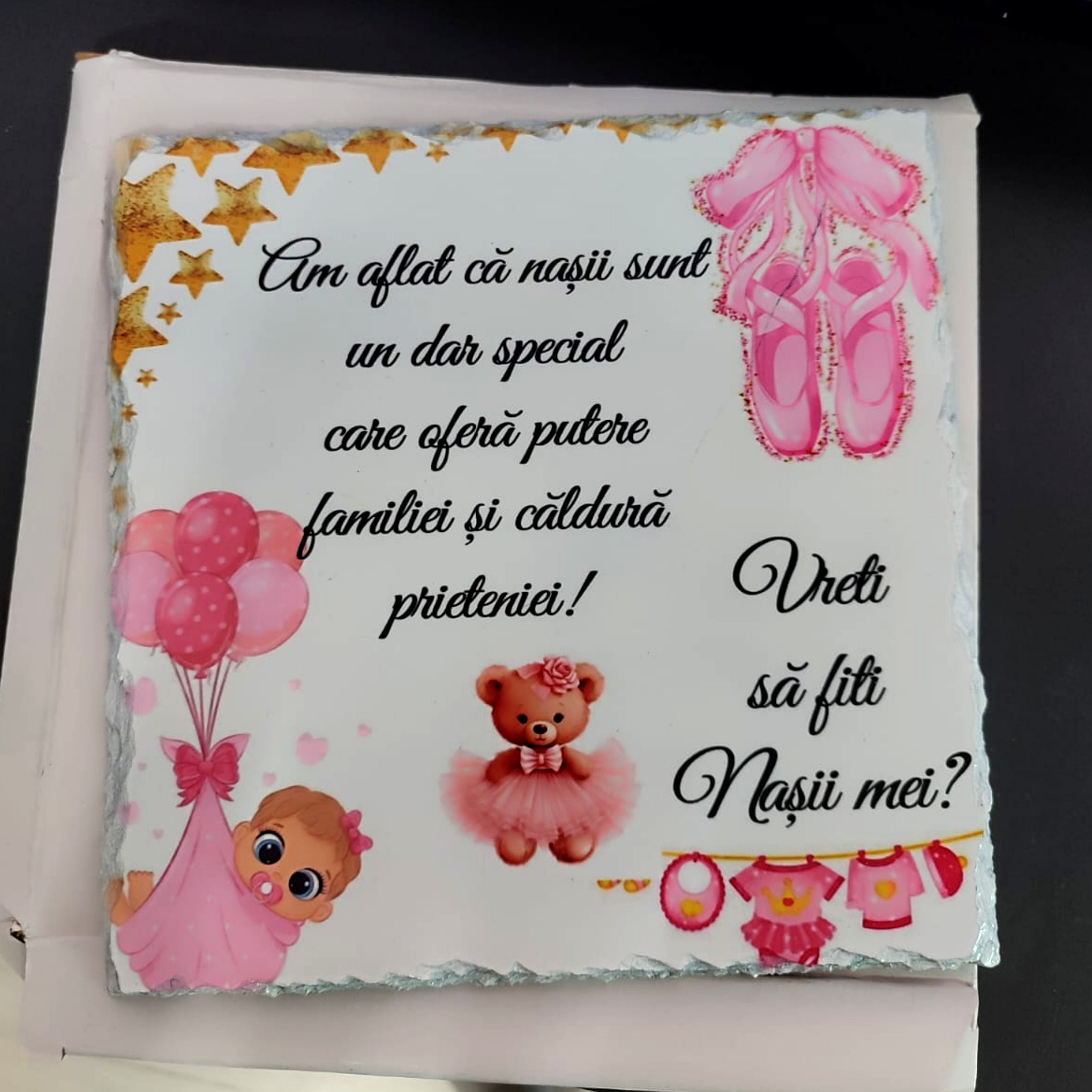 Piatra ardezie personalizată pentru nași – Cadou pentru nași de botez, fetiță, mesaj emoționant