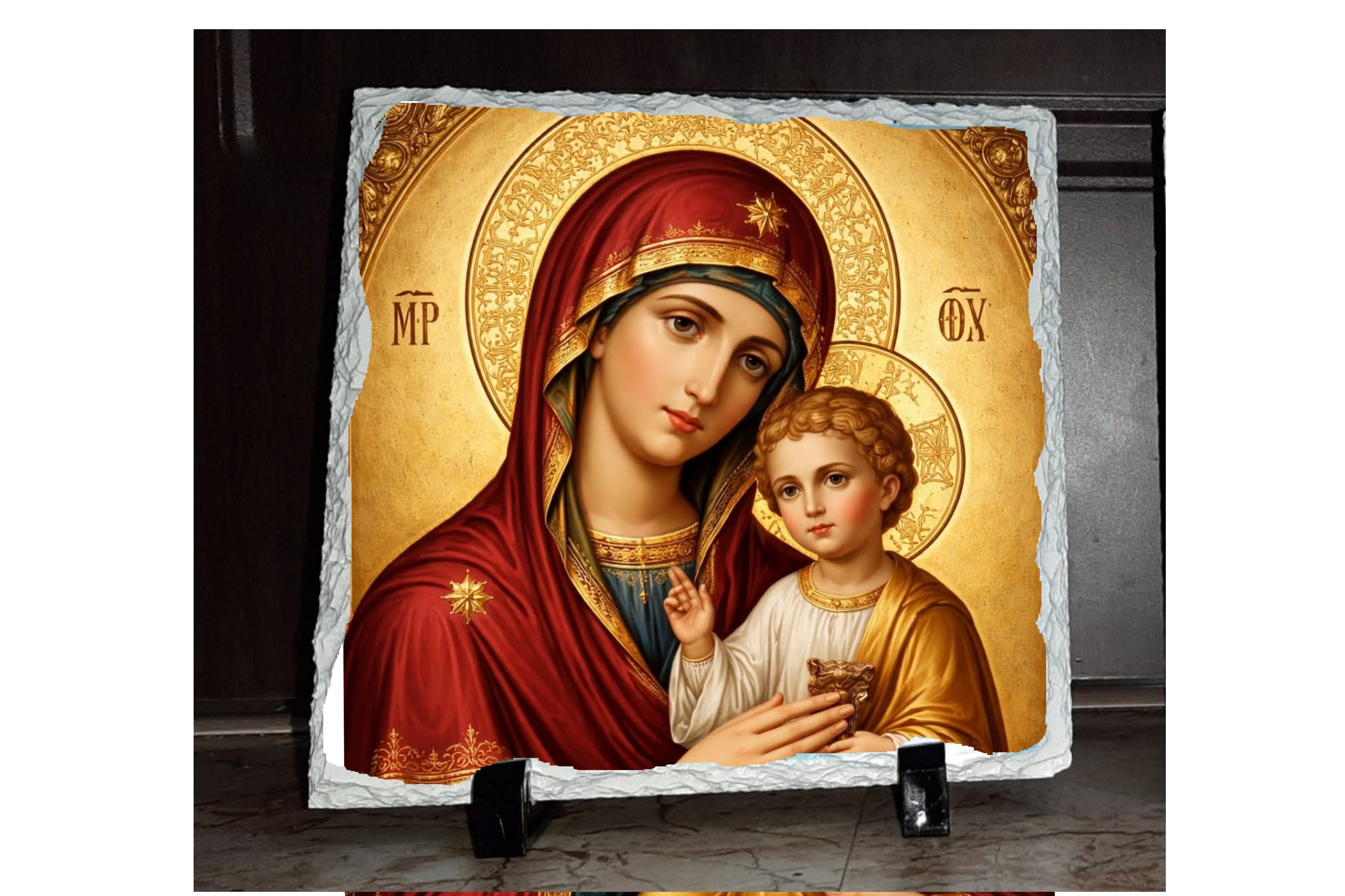 Placă din Ardezie Personalizată - Icoana Maicii Domnului cu Pruncul - Rosu