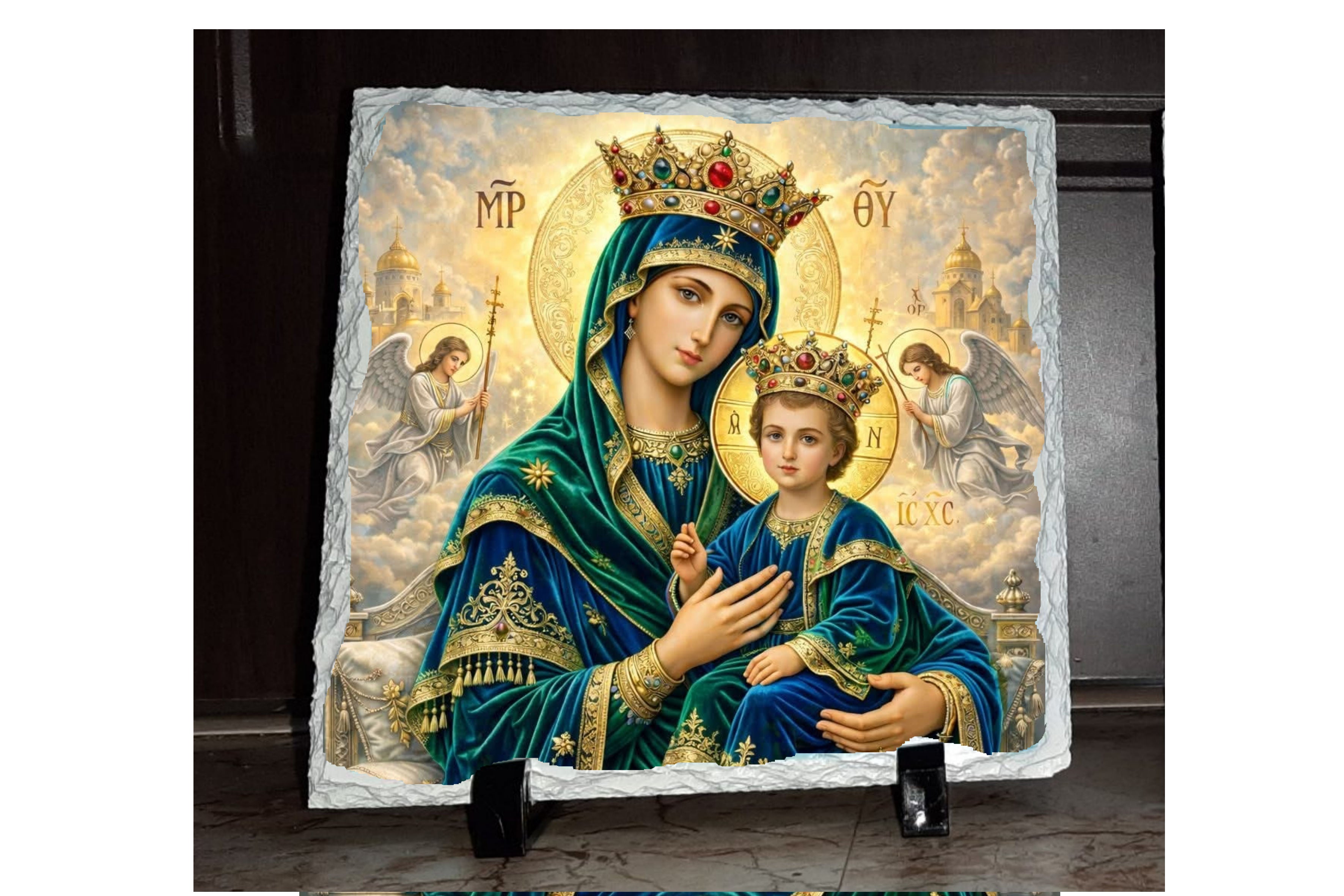 Placă din Ardezie Personalizată - Icoana Maicii Domnului cu Pruncul - Verde